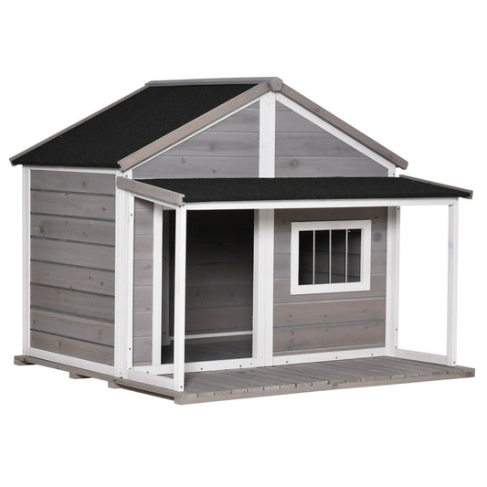 Outdoor Dog House Cabin Style, Wooden Raised Pet Kennel with Asphalt Roof, Front Door, Side Windows, Deck for Medium/Large Dogs, 53 Lbs., Grey - Gallery Canada