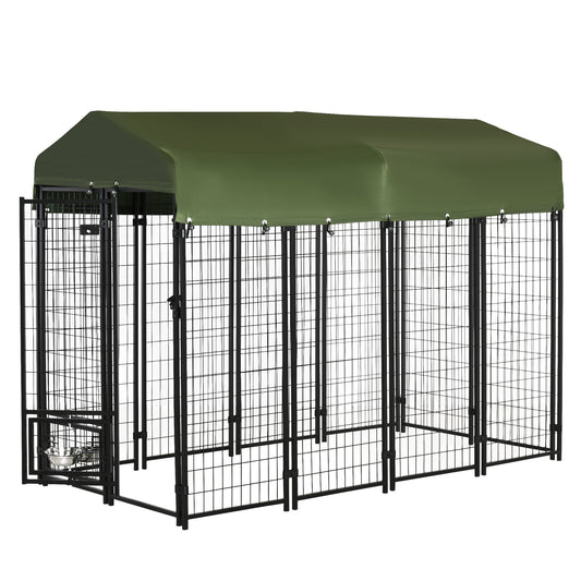 Outdoor Dog Kennel, Lockable Pet Playpen Crate, Welded Wire Steel Fence, Rotating Bowl Holders, Green - Gallery Canada