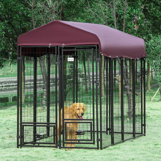 Outdoor Dog Kennel, Lockable Pet Playpen Crate, Welded Wire Steel Fence, Rotating Bowl Holders, Red - Gallery Canada