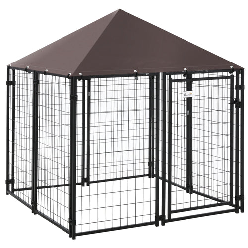 Outdoor Dog Kennel, Welded Wire Steel Fence, Lockable Pet Playpen Crate, with Water-, UV-Resistant Canopy Top, Door, 4.6ft x 4.6ft x 5ft, Black