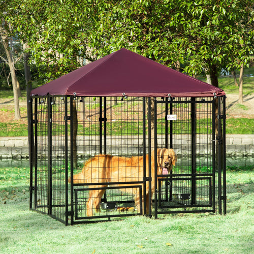 Outdoor Dog Kennel, Welded Wire Steel Fence, Lockable Pet Playpen Crate, with Water-, UV-Resistant Canopy Top, Door, Rotating Bowl Holders, 4.6ft x 4.6ft x 5ft
