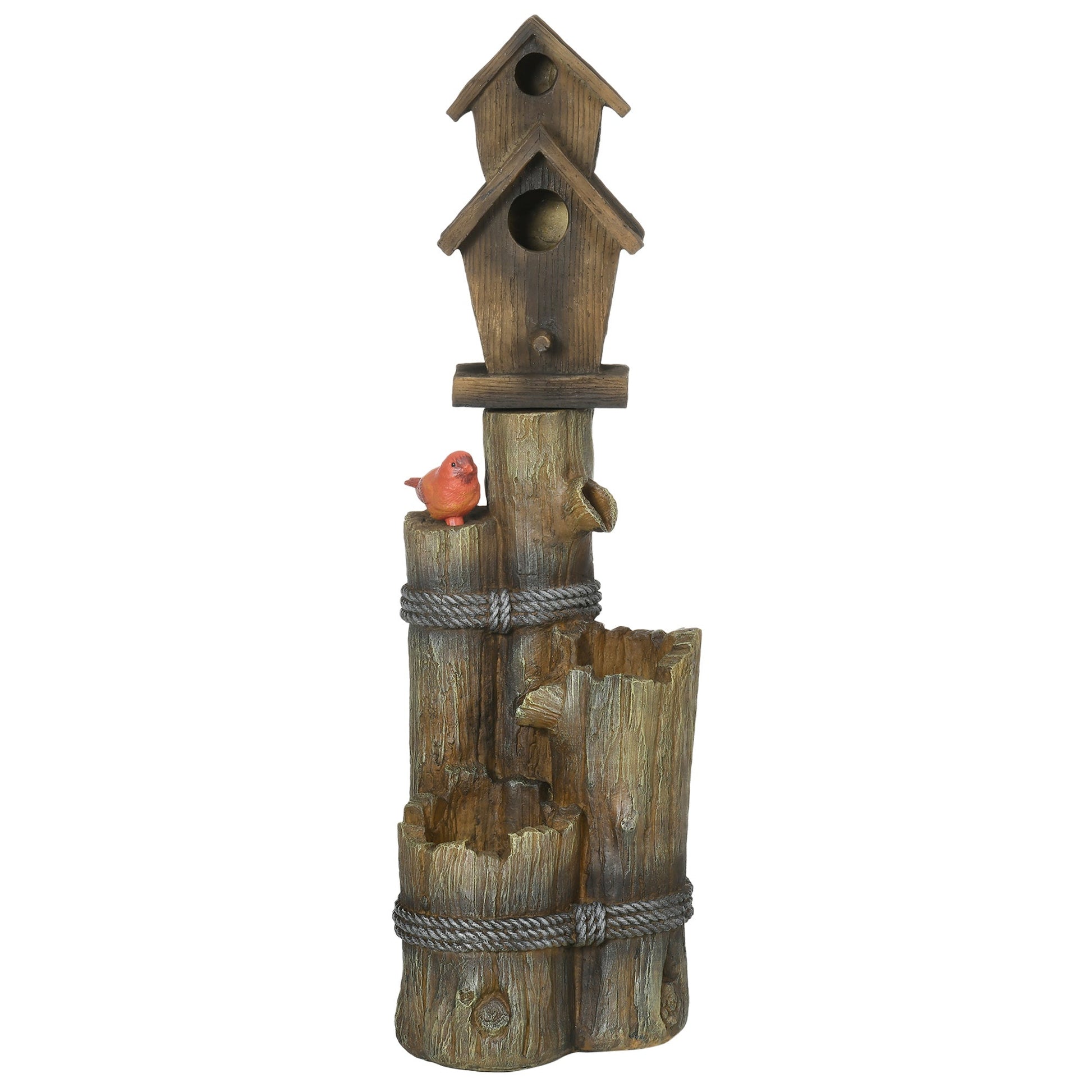 Outdoor Fountain, Garden Waterfall with Birdhouse, 3-Tier Tree Trunk Design, LED Lights for Porch, Deck, Yard, Brown at Gallery Canada