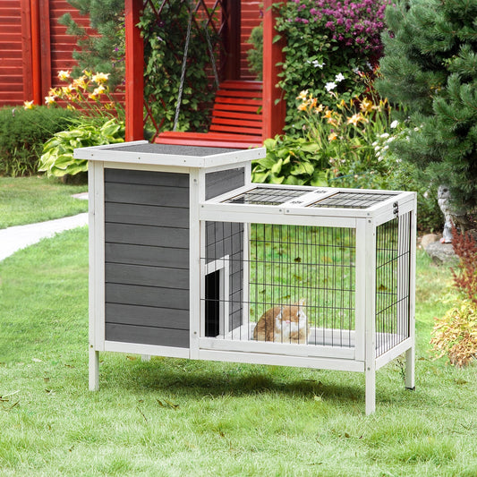 Outdoor Rabbit Hutch Wooden Bunny Hutch Rabbit Litter Box with Run,Open Roof, 36.25"L x 20"W x 30"H, Grey/White - Gallery Canada