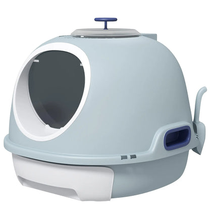 Covered Cat Litter Box with Lid, Scoop, Enclosed Drawer, Skylight, Blue Cat Litter Box Enclosures Blue at Gallery Canada