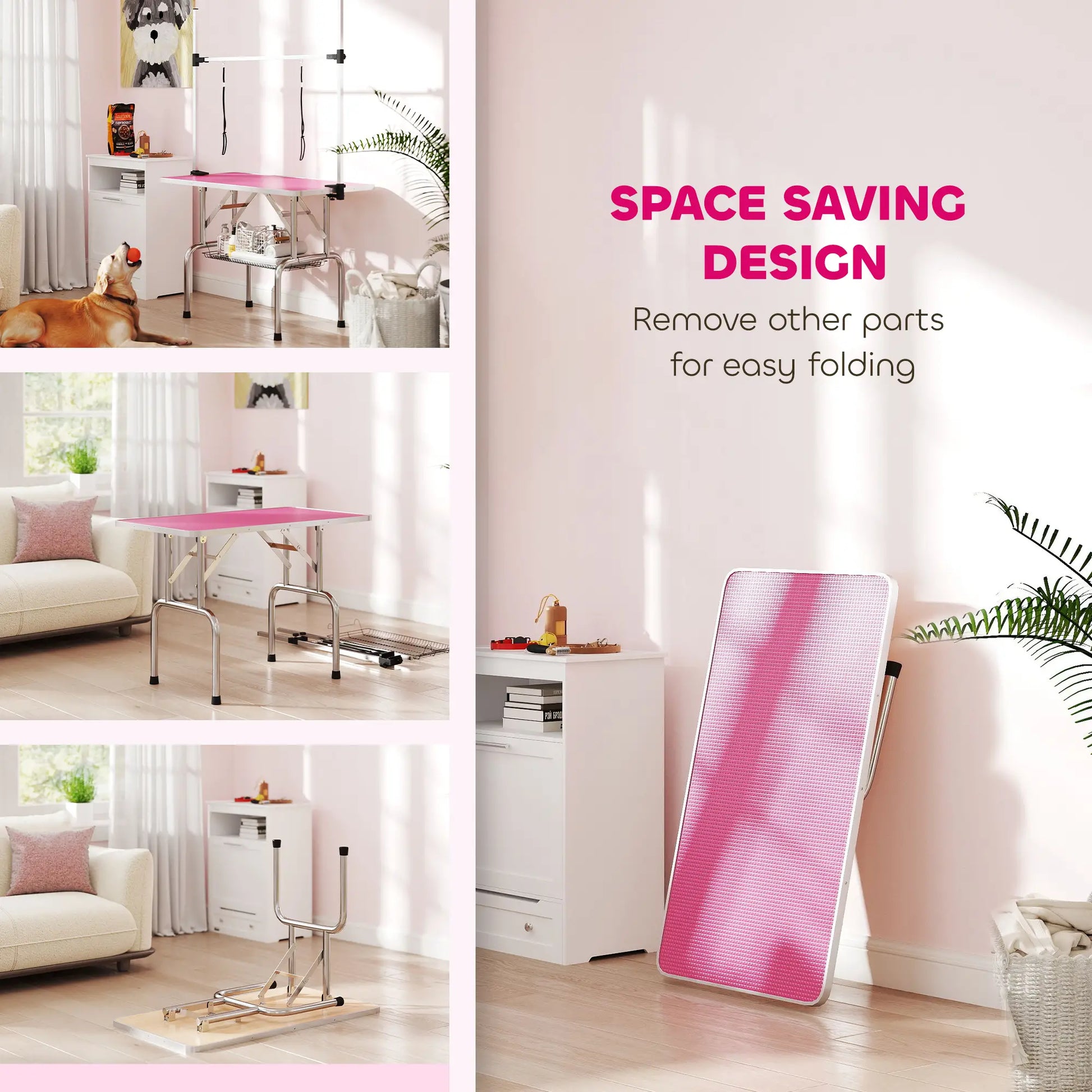 Adjustable Dog Grooming Table with 2 Safety Slings, Storage Basket, Pink Dog Grooming Tables at Gallery Canada
