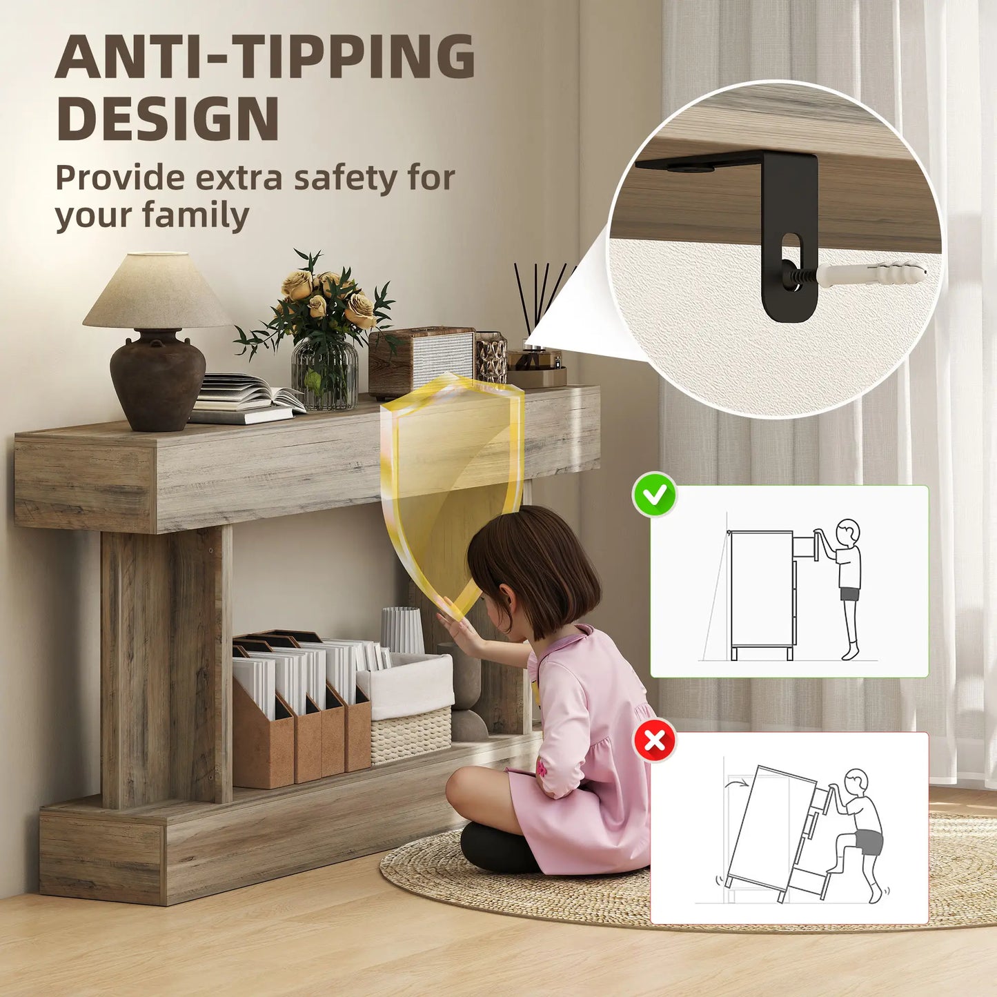 63 Inch Console Table, Vintage Narrow with Storage Shelf, Light Brown Console Tables at Gallery Canada