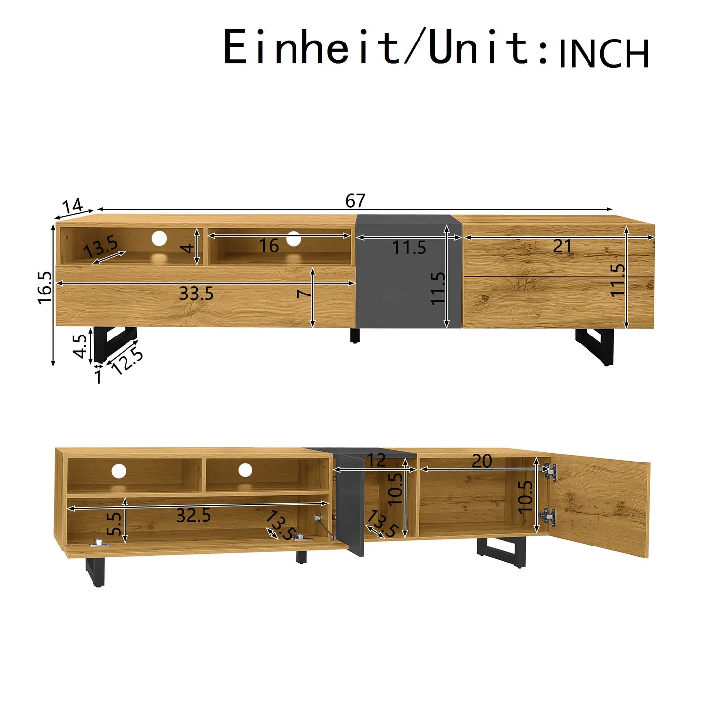TV Stand, U-Shaped Metal Legs, 3 Doors, 2 Compartments, 67" L x 14" W x 16.5" H, Black+Natural TV Stands at Gallery Canada