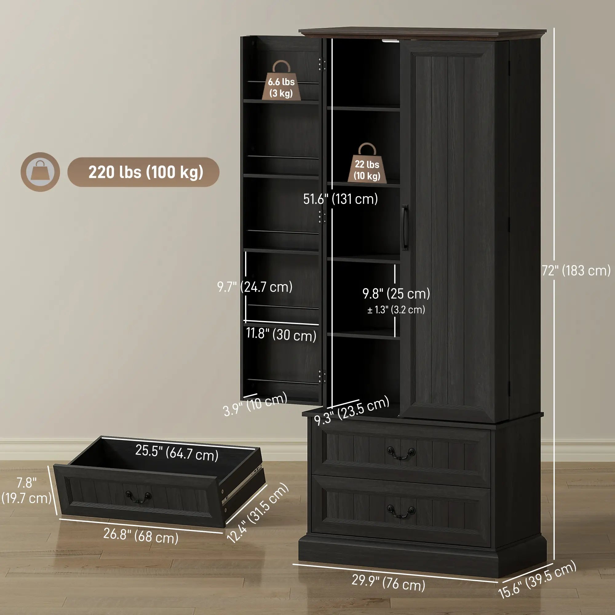 72 Inch LED Kitchen Pantry Cabinet, 10 Shelves, 2 Drawers, Black Kitchen Pantry Cabinets at Gallery Canada