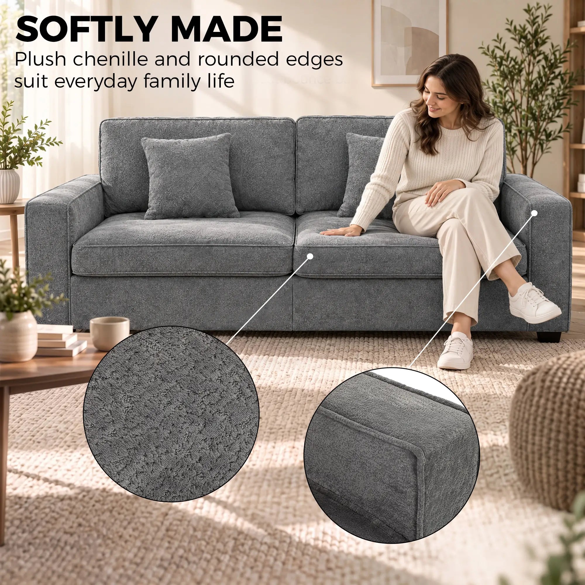 3 Seater Sofa, Thick Cushion, Grey, 2 Pillows, Side Pockets 3-Seater Sofas at Gallery Canada
