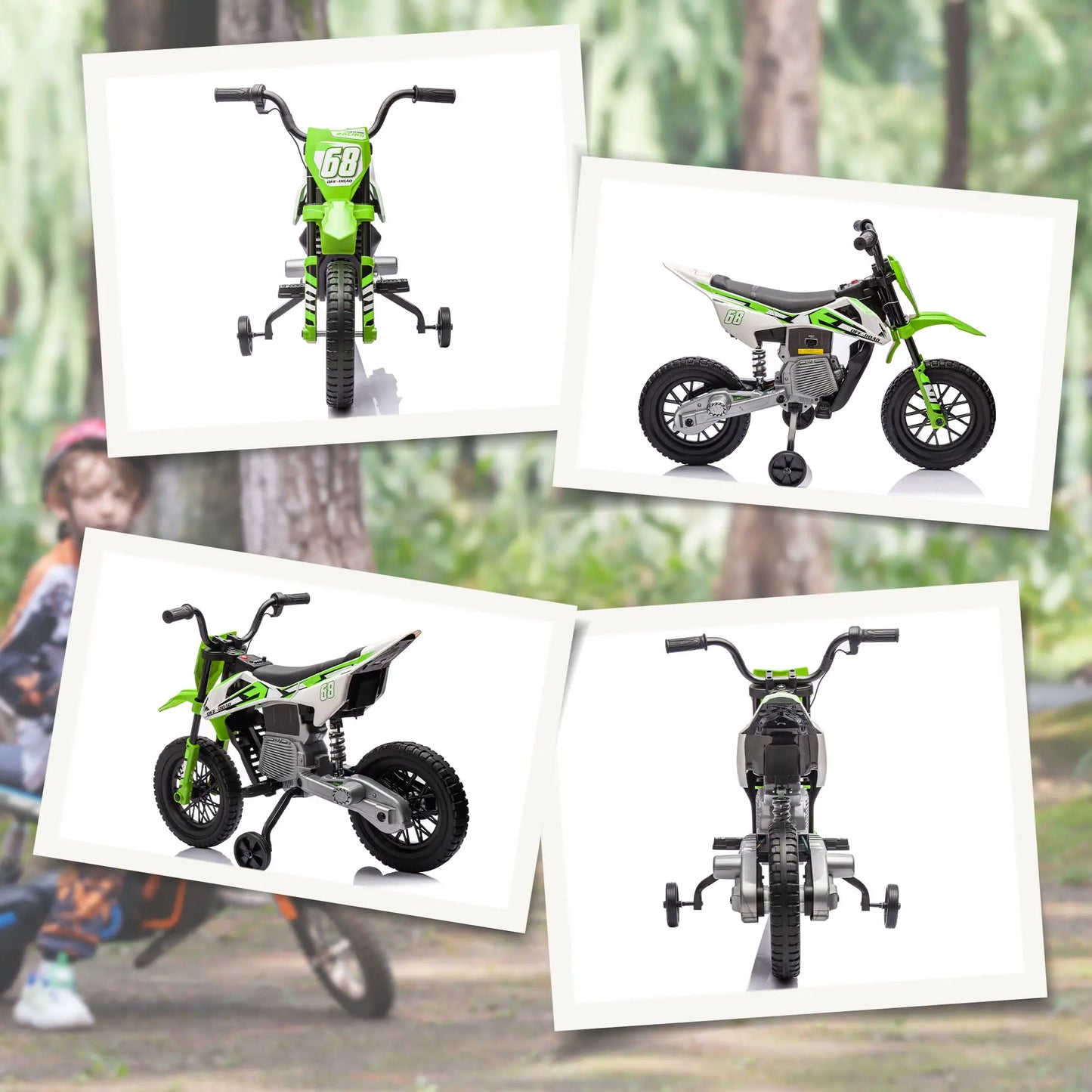 12V Kids Dirt Bike, Electric Motorcycle, Training Wheels, Green Electric Motorcycles at Gallery Canada