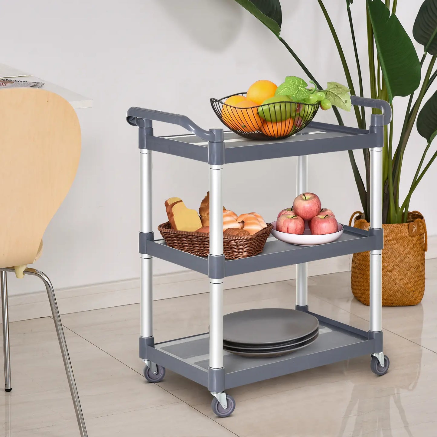 3-Tier Utility Cart, 3 Shelves, Rolling Storage Trolley, Silver Grey Kitchen Islands & Kitchen Carts at Gallery Canada