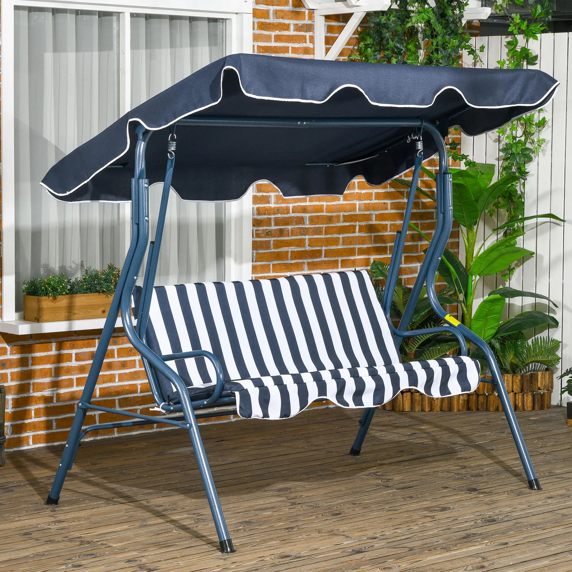 Outdoor Porch Swing, Adjustable Canopy, 3-Seater with Cushion, Blue Patio Swings with Stand at Gallery Canada