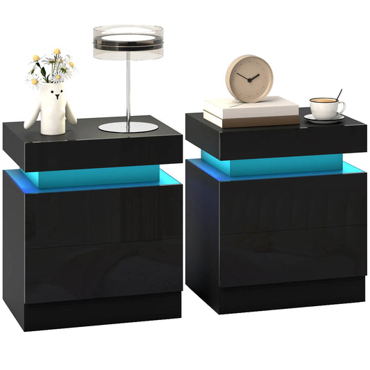 Nightstand Set of 2, End Tables with LED Lights, 2 Drawers, Black Bedside Tables Black at Gallery Canada