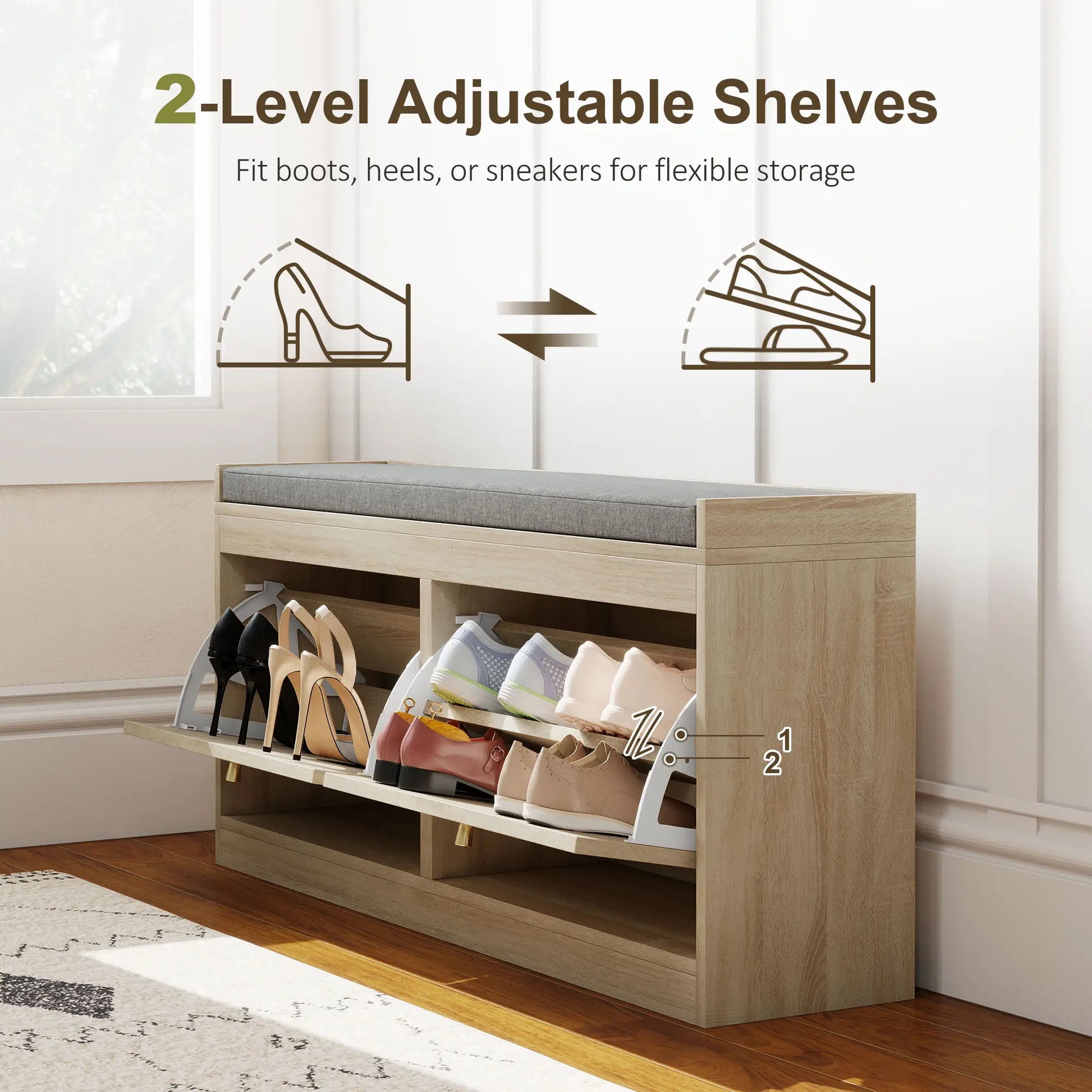 Shoe Bench with Flip Doors, Seat Cushion, Adjustable Shelves, Natural Wood Shoe Storage Cabinets & Racks at Gallery Canada