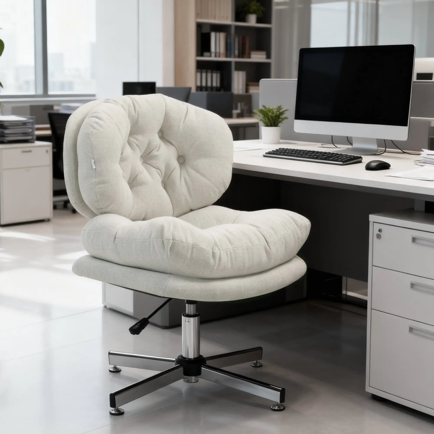 Computer Desk Chair, Armless Office Chair with Wide Padded Seat and Adjustable Height, Cream White Task Chairs at Gallery Canada