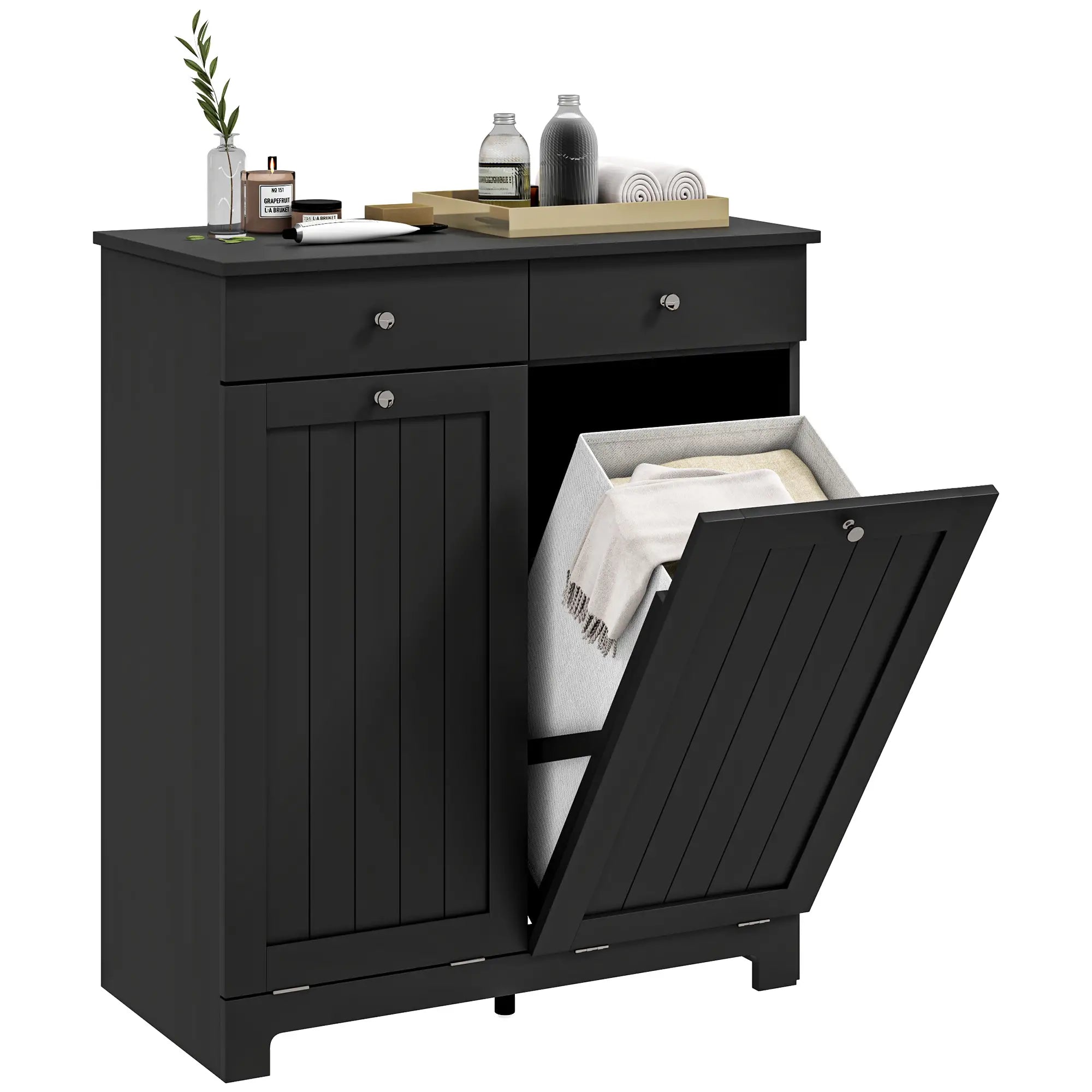 Laundry Cabinet, Tilt Out Hamper with 2 Baskets, 2 Drawers, Black Bathroom Cabinets at Gallery Canada