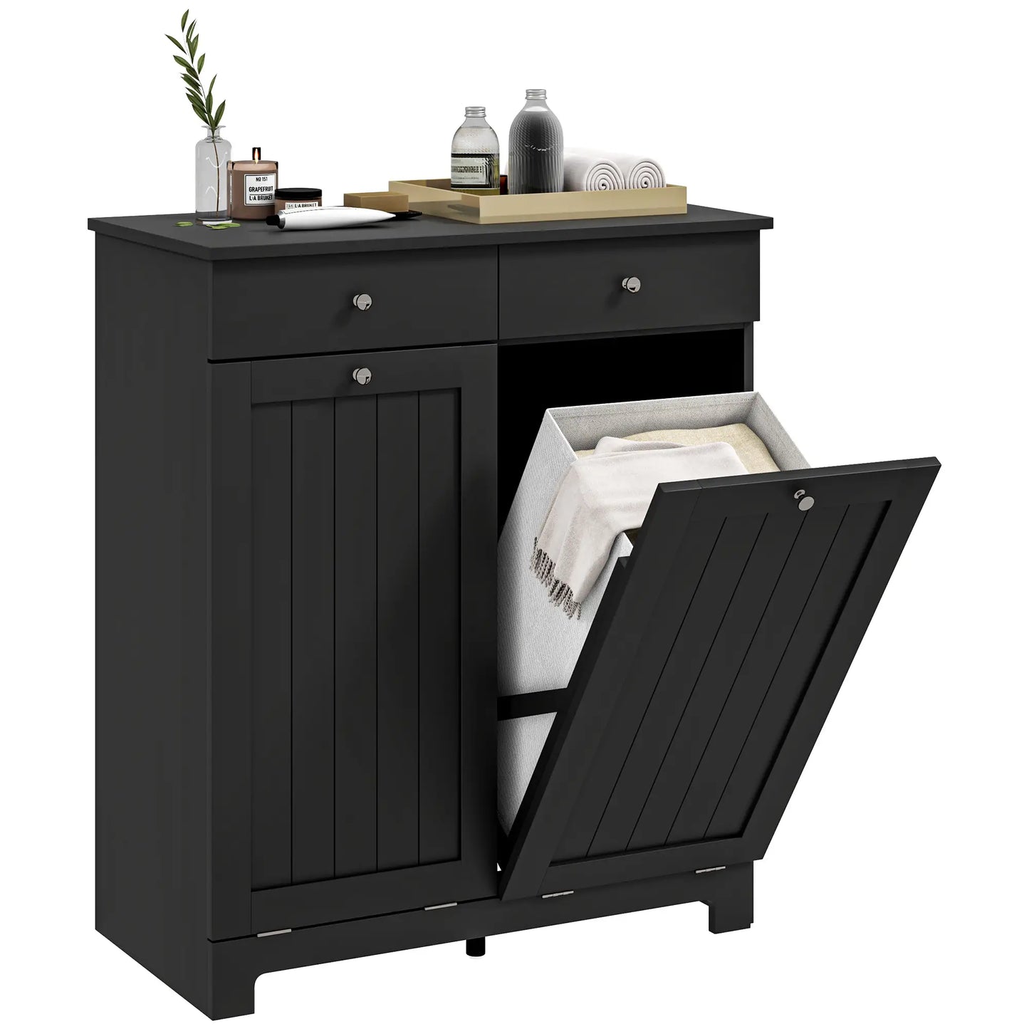 Laundry Cabinet, Tilt Out Hamper with 2 Baskets, 2 Drawers, Black Bathroom Cabinets at Gallery Canada