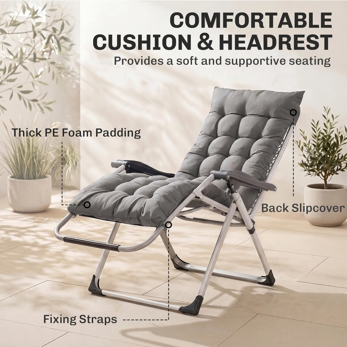 Reclining Zero Gravity Chair, Adjustable Backrest, Folding Sun Lounger, Removable Cushion, Headrest, Dark Grey