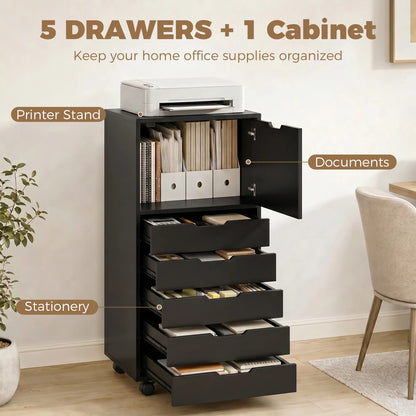 Mobile File Cabinet With 5 Drawers, Black, Black