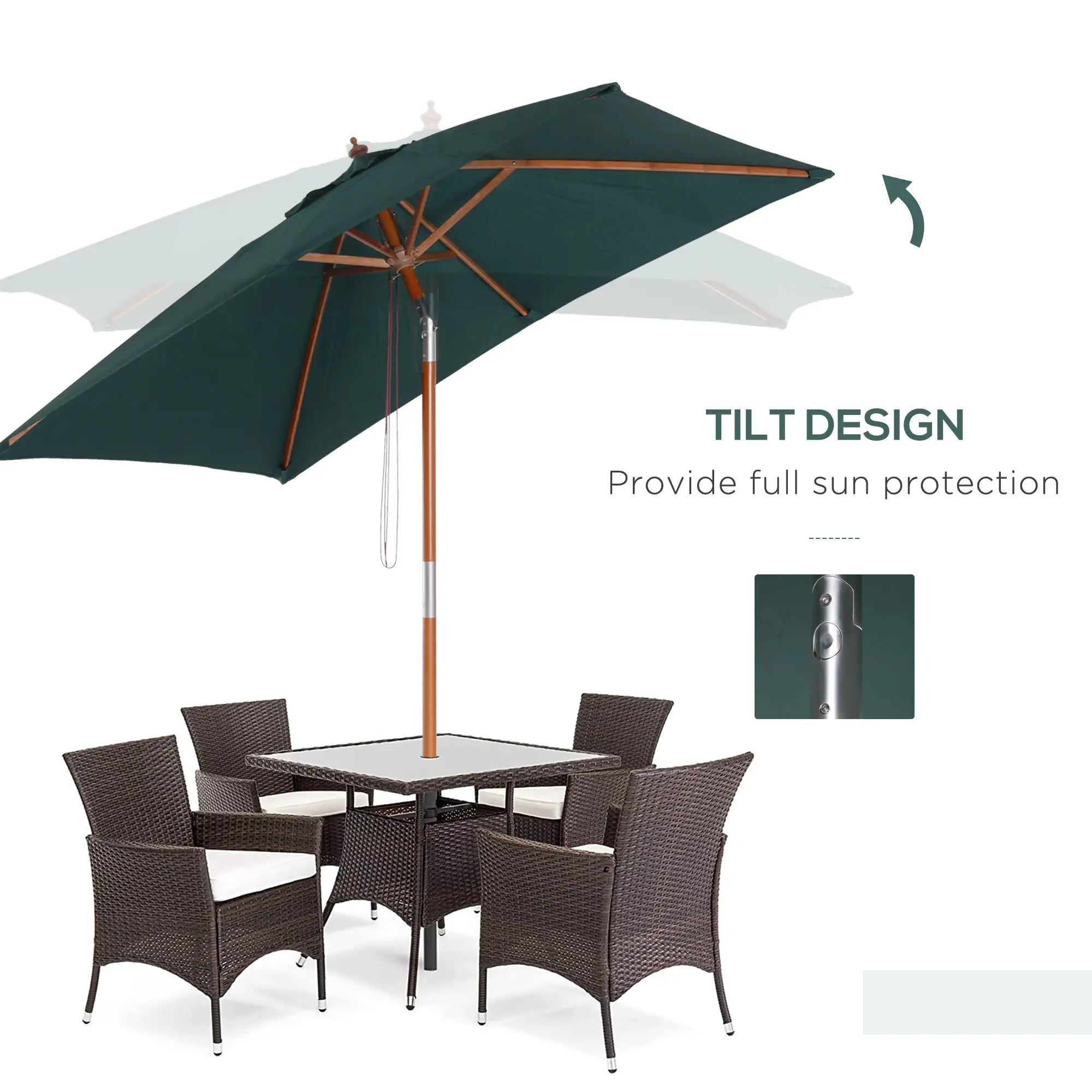 6.6x5ft Square Wooden Patio Umbrella, Tilt Mechanism, 6 Bamboo Ribs, Green Sun Umbrellas at Gallery Canada
