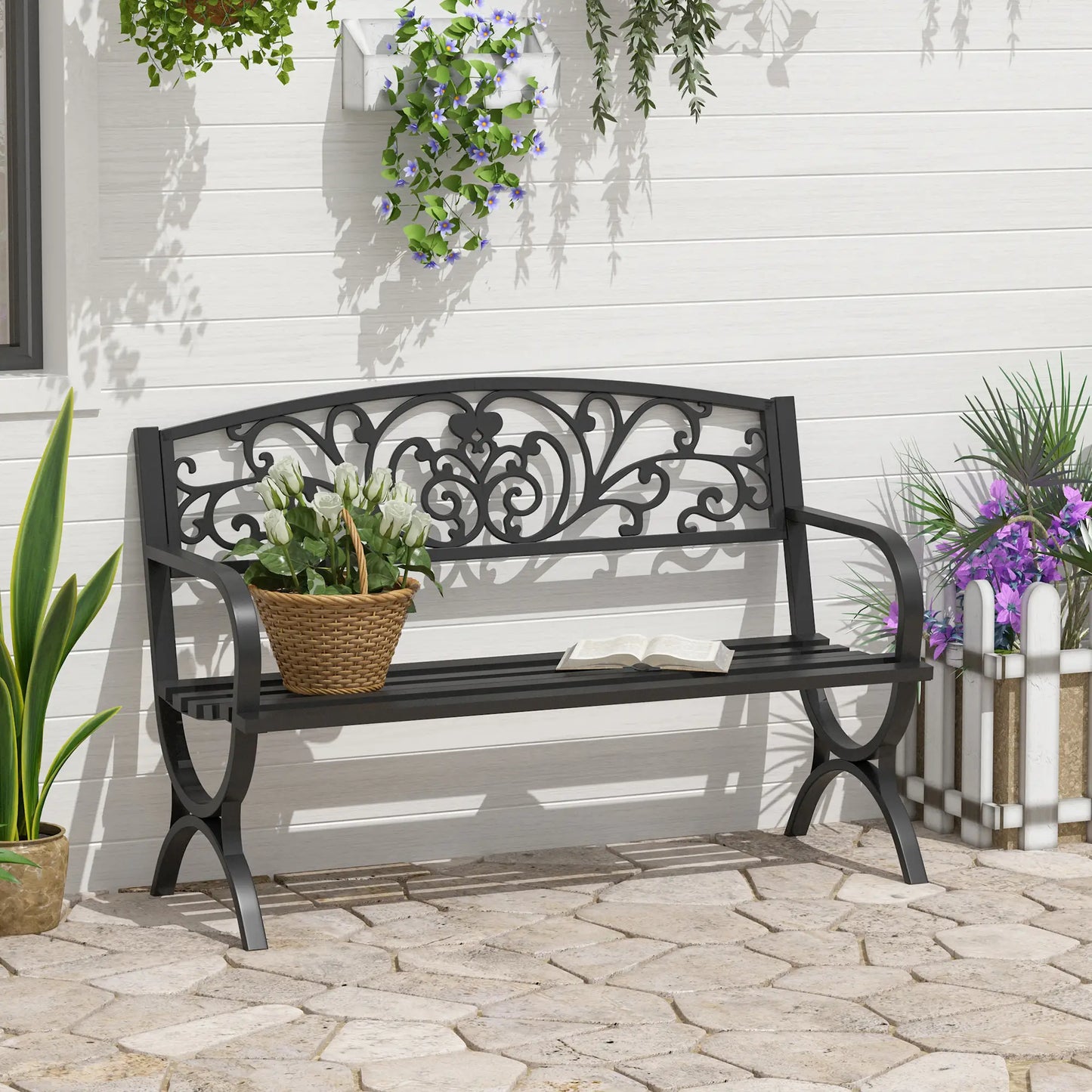 50" 2-Seater Garden Bench, Cast Iron Loveseat, Black Outdoor Benches Black at Gallery Canada