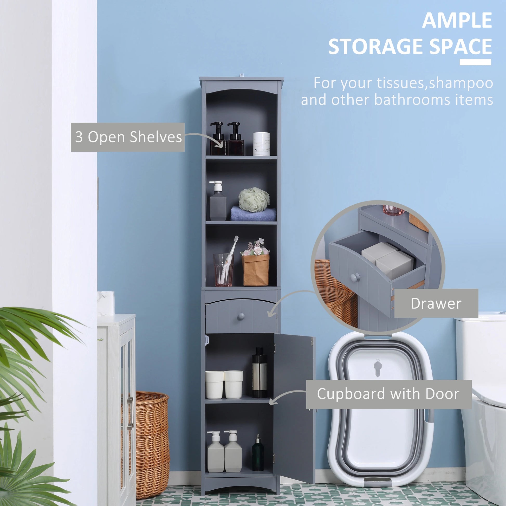 Tall Bathroom Storage Cabinet, 3-Tier Shelves with Drawer, Door, Grey Bathroom Cabinets at Gallery Canada