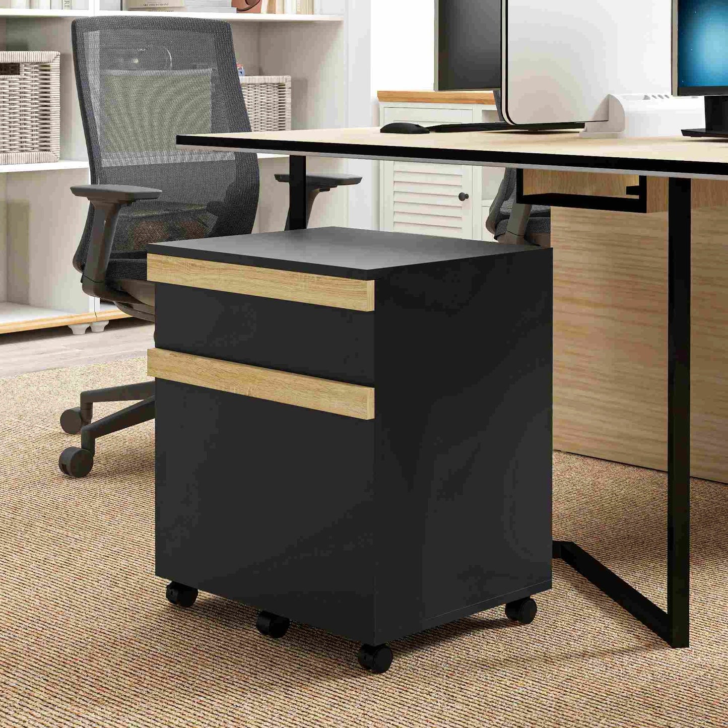 Mobile Filing Cabinet, 2 Drawers, 5 Wheels, Wood Grain, Black Office Cabinets & Cupboards at Gallery Canada
