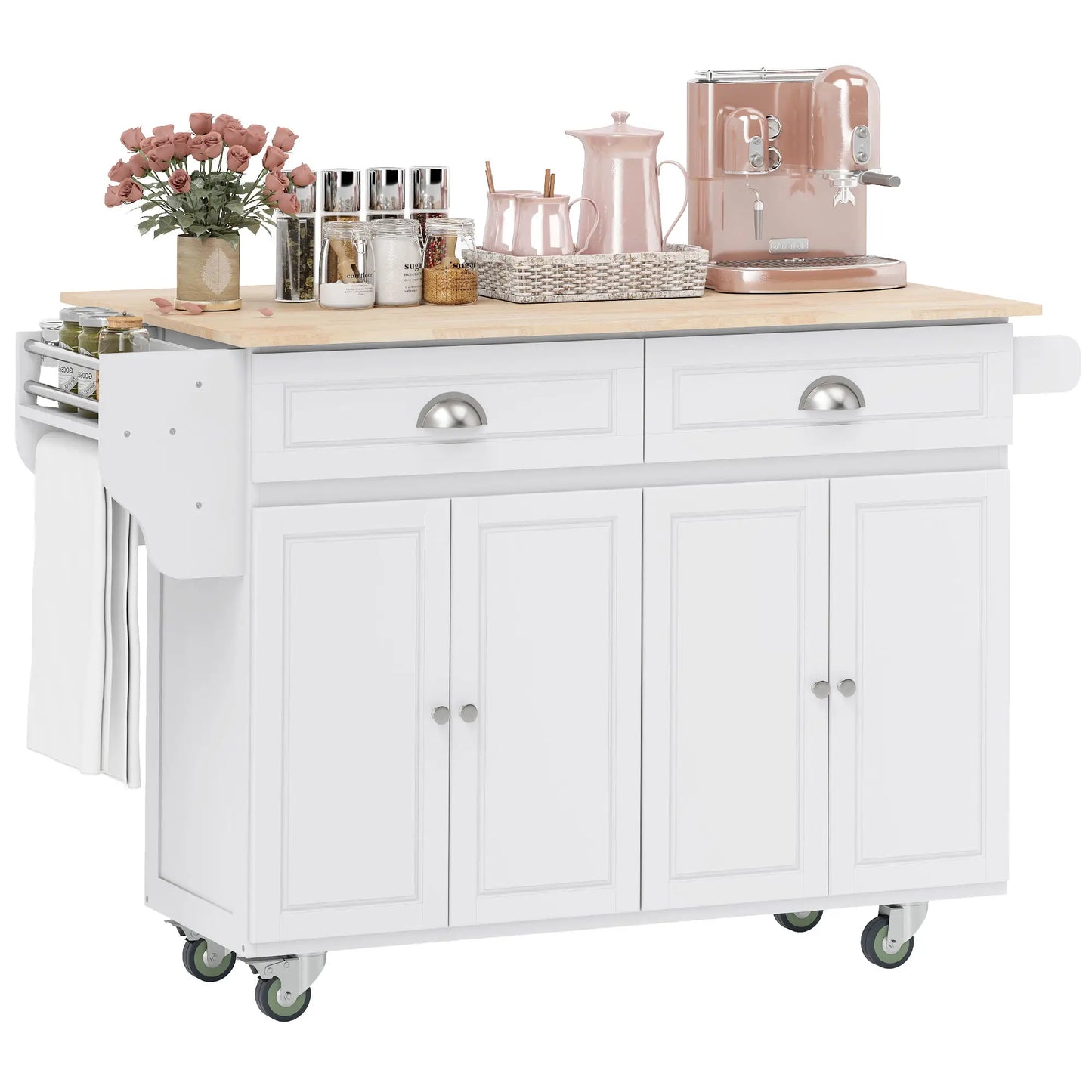 Kitchen Island with Storage, Drop Leaf, Rubber Wood Top, Adjustable Shelves, White Kitchen Islands & Kitchen Carts White at Gallery Canada