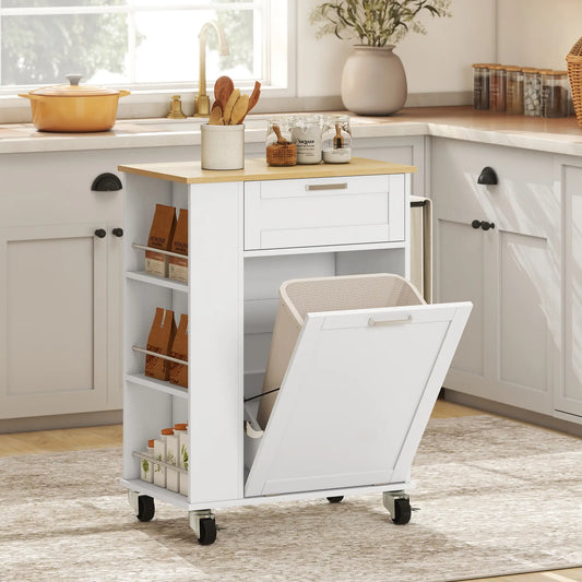 Rolling Kitchen Island with Trash Can Storage, Spice Rack, Drawer, White Kitchen Islands & Kitchen Carts Natural, Silver, Black, White at Gallery Canada