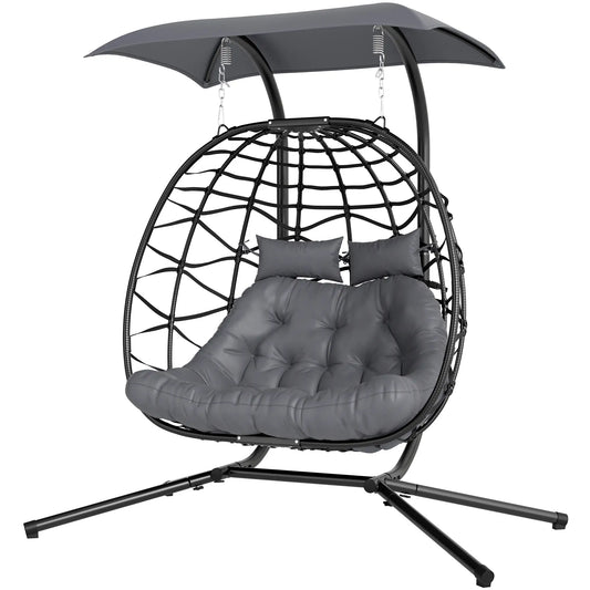 Double Wicker Egg Swing Chair, Foldable with Stand, Black Patio Swings with Stand Black at Gallery Canada