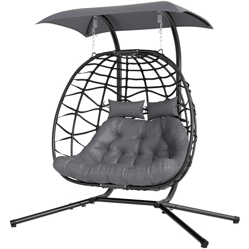 Double Wicker Egg Swing Chair, Foldable with Stand, Black