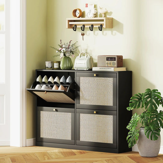 Narrow Shoe Storage Cabinet, 4 Flip Drawers, Adjustable Shelves, 20 Pairs, Black Shoe Storage Cabinets & Racks Black, Natural at Gallery Canada