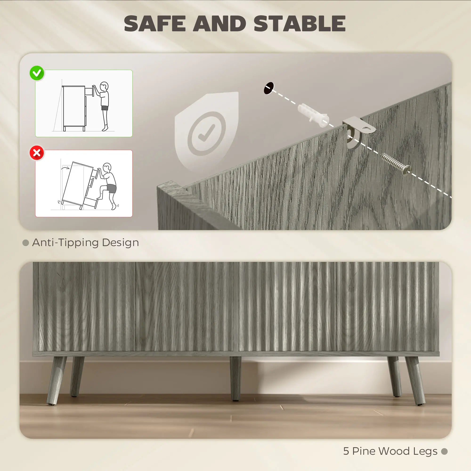 Fluted Sideboard with Adjustable Shelves, Light Grey Bar Cabinets at Gallery Canada