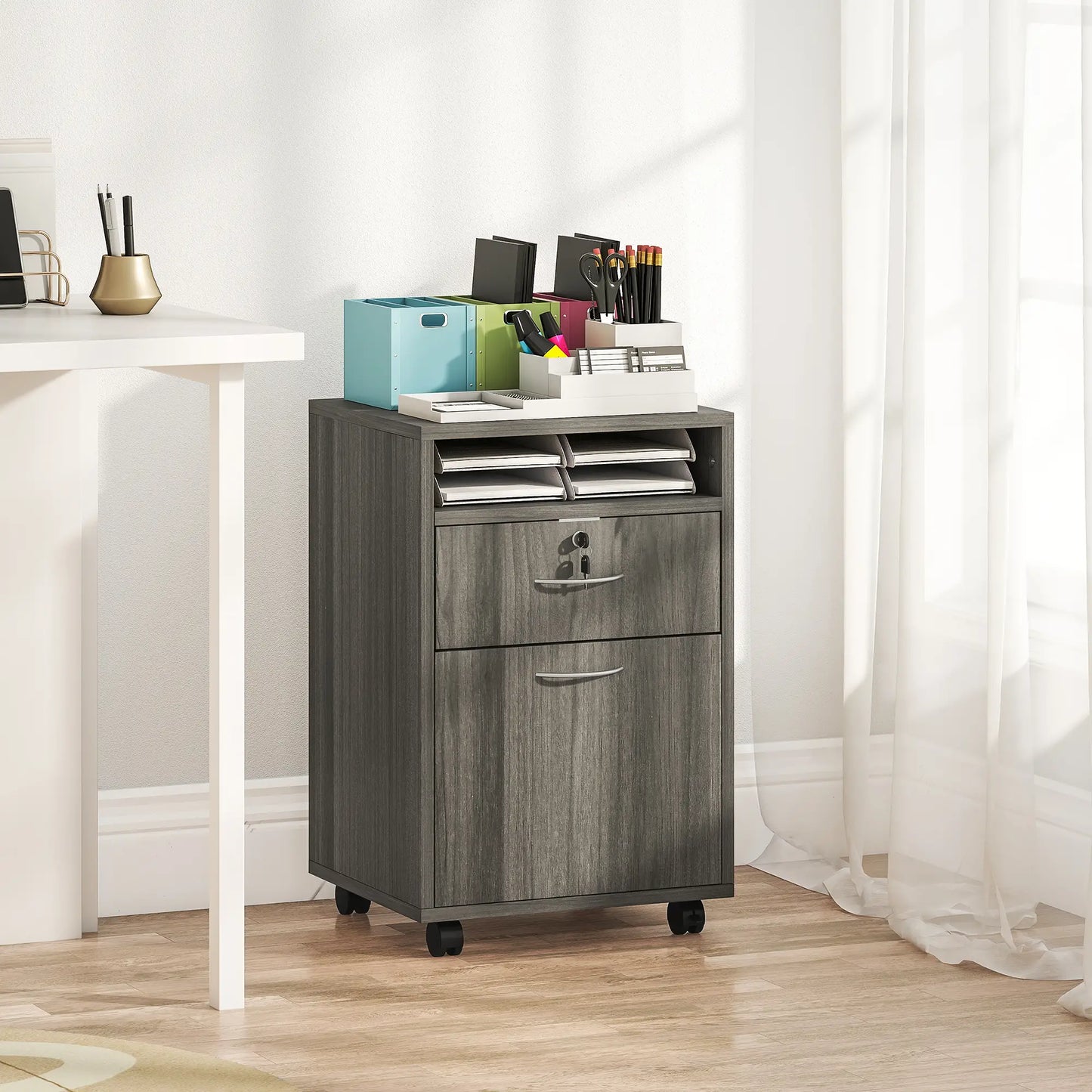 24" Filing Cabinet, Lockable Drawer, Wheels, Distressed Grey Office Cabinets & Cupboards at Gallery Canada