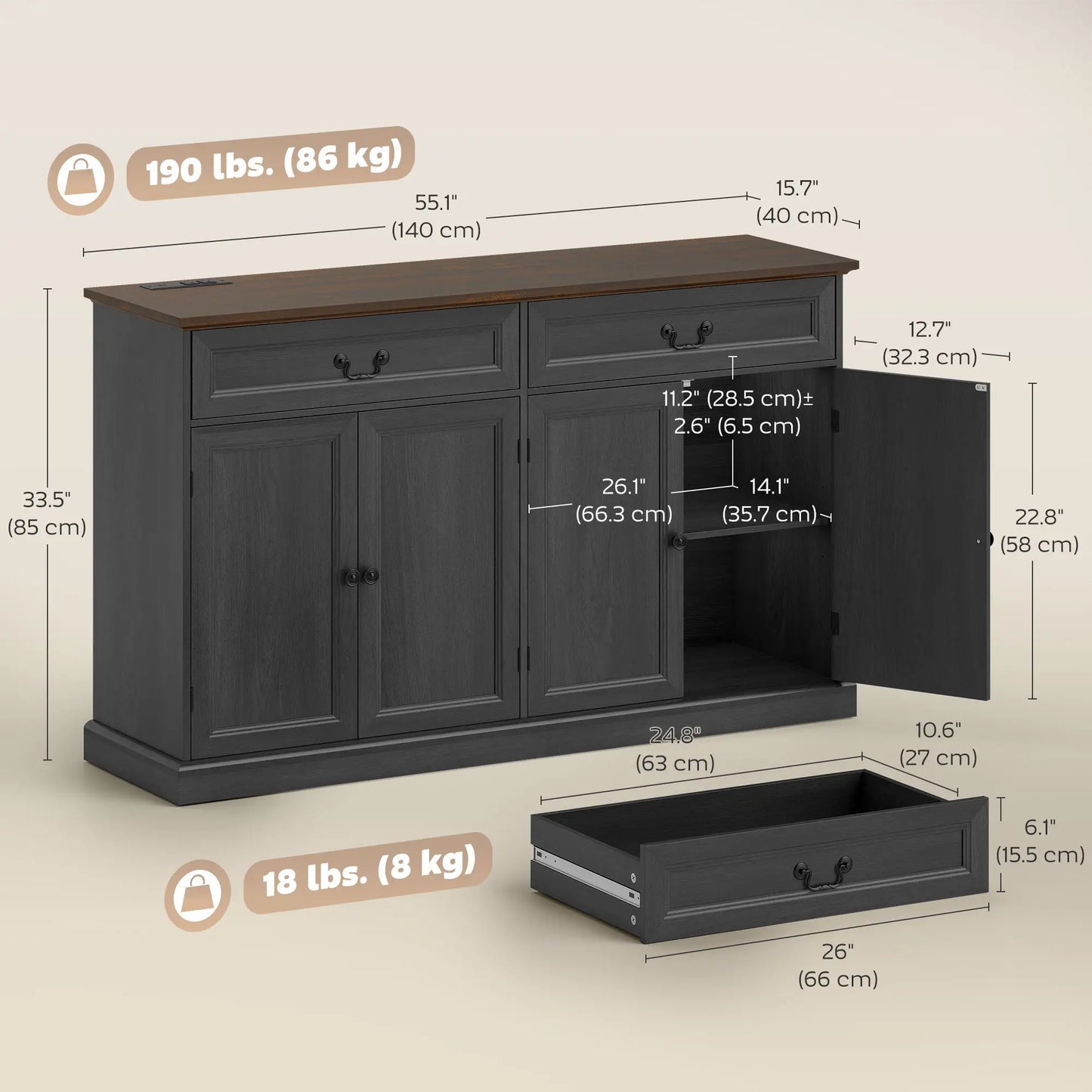 55" Buffet Cabinet, Black Wood Grain, Charging Station, 2 Drawers, Black