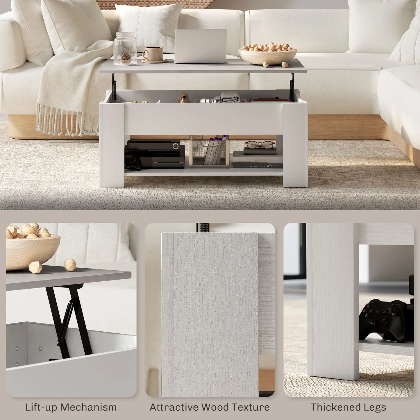 Lift Top Coffee Table, Hidden Storage, Open Shelf, White Coffee Tables at Gallery Canada