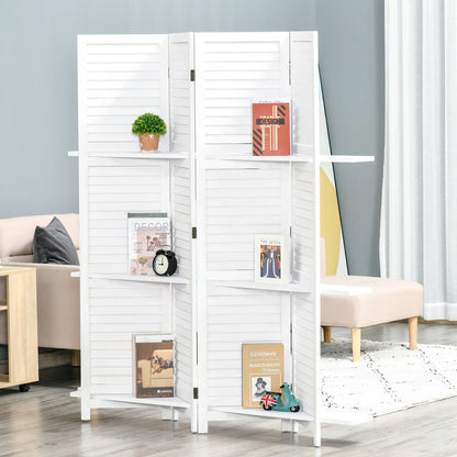 4-Panel Wall Partition, 3 Storage Shelves, Foldable, Wooden Frame, 5.6FT, White Room Dividers at Gallery Canada