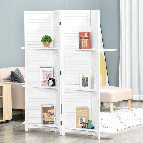 4-Panel Wall Partition, 3 Storage Shelves, Foldable, Wooden Frame, 5.6FT, White
