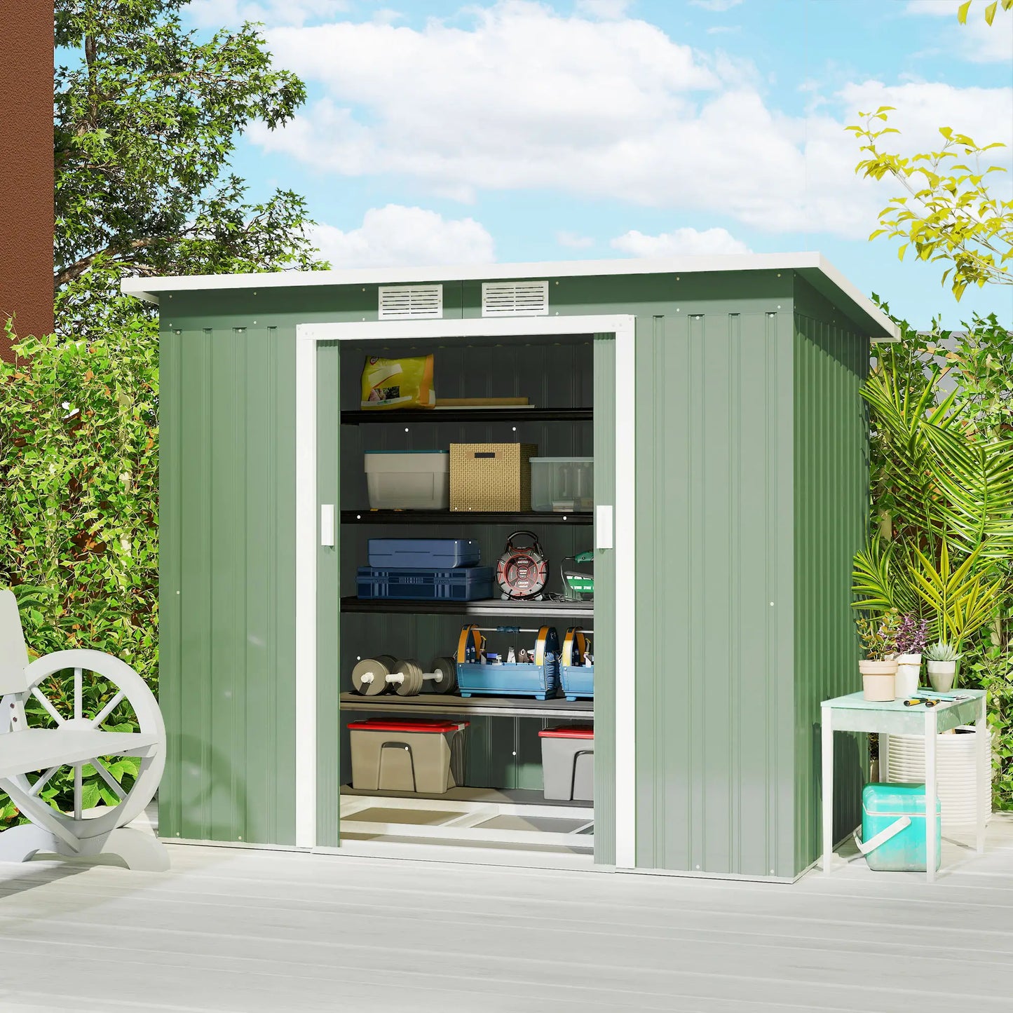 7' x 4' Galvanised Steel Garden Shed, Foundation Kit, Green Sheds at Gallery Canada