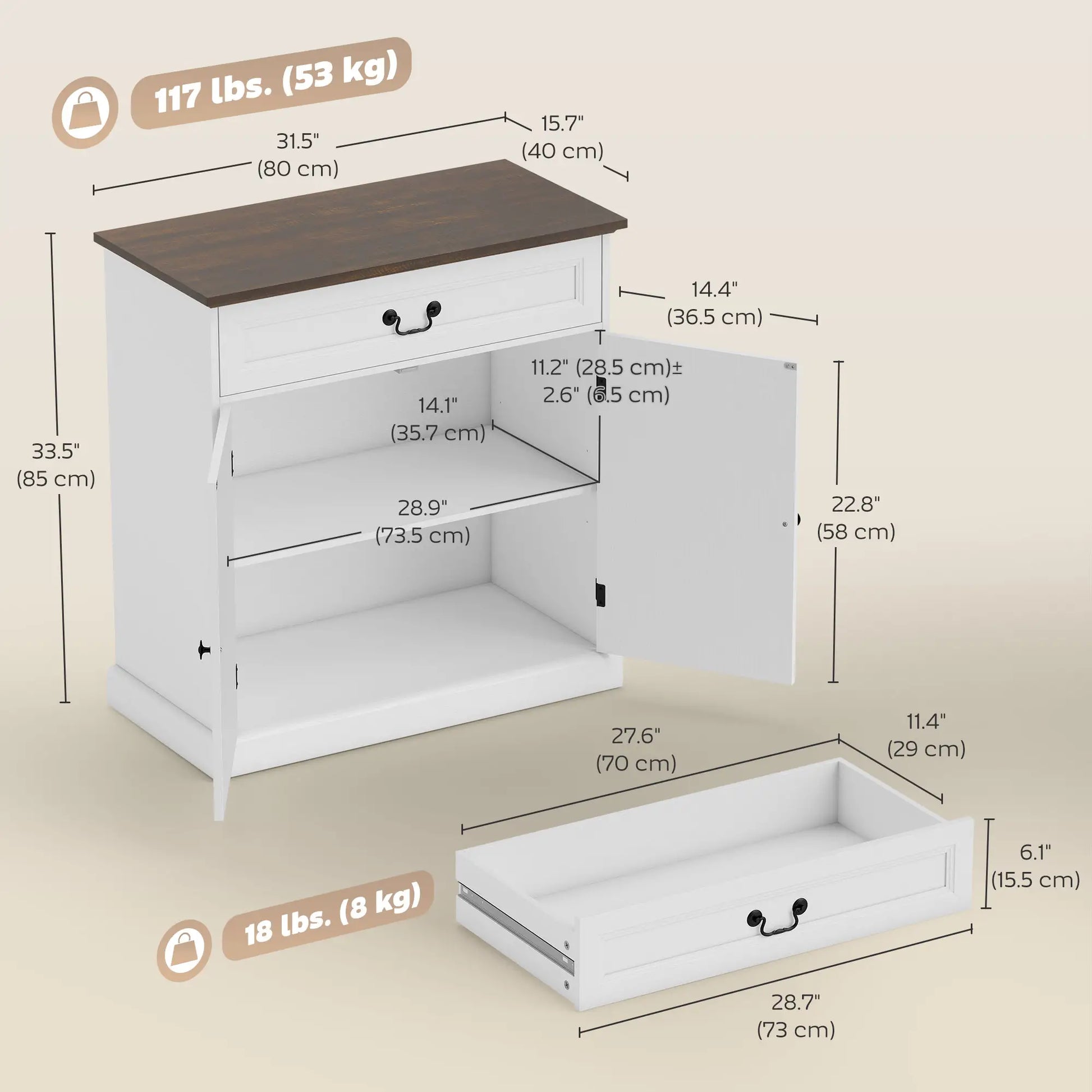 32" Buffet Cabinet, White Wood Grain, Farmhouse Sideboard, White Bar Cabinets at Gallery Canada