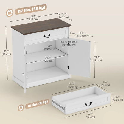 32" Buffet Cabinet, White Wood Grain, Farmhouse Sideboard, White Bar Cabinets at Gallery Canada