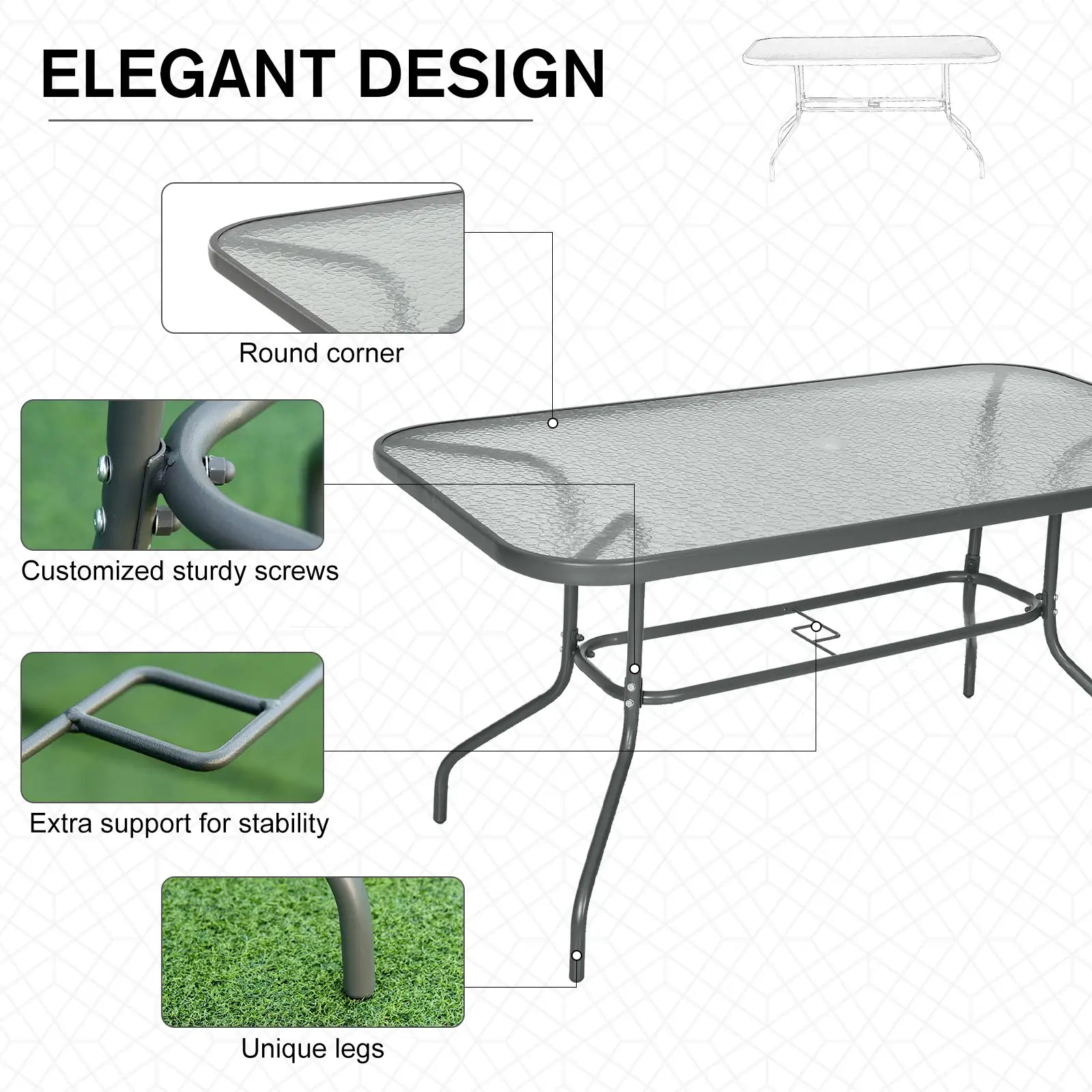 Metal Garden Dining Table, Outdoor Patio Table, Tempered Glass Top, 55" x 31.5" Patio Dinning Tables at Gallery Canada