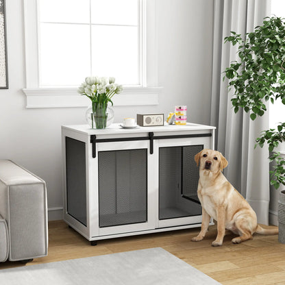39" Dog Crate Furniture, Sliding Barn Door, Large Dog Cage End Table, White Houses, Kennels & Pens at Gallery Canada