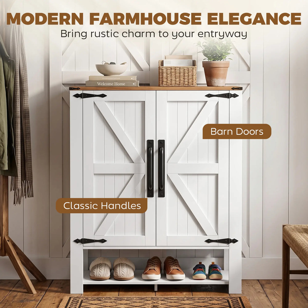 5 Tier Shoe Cabinet, Rustic White, Open Cubby Storage, Rustic White