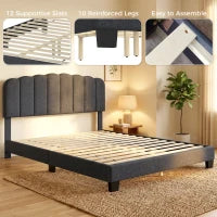 Cadre de lit Queen Size, Plateforme rembourrée, Tête de lit ajustable, Gris foncé, Gris foncé