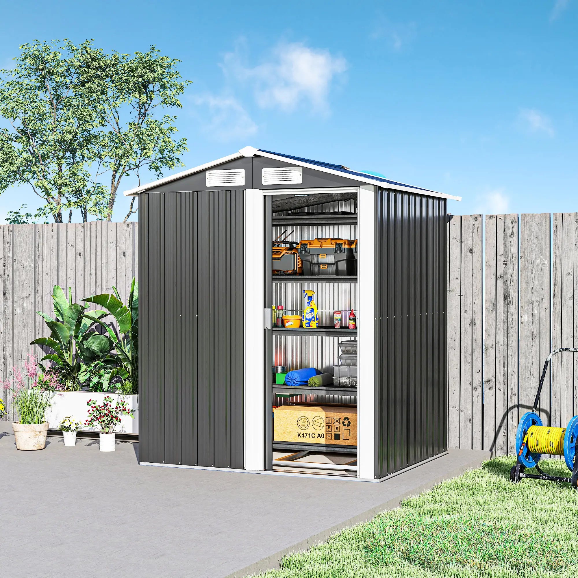 5ft x 4ft Metal Storage Shed, Sliding Door, Top Vents, Dark Grey Sheds at Gallery Canada