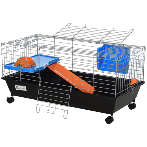 Small Animal Cage, Rolling Bunny Cage, Guinea Pig Cage with Food Dish, Water Bottle, Hay Feeder, Platform, Ramp, Black