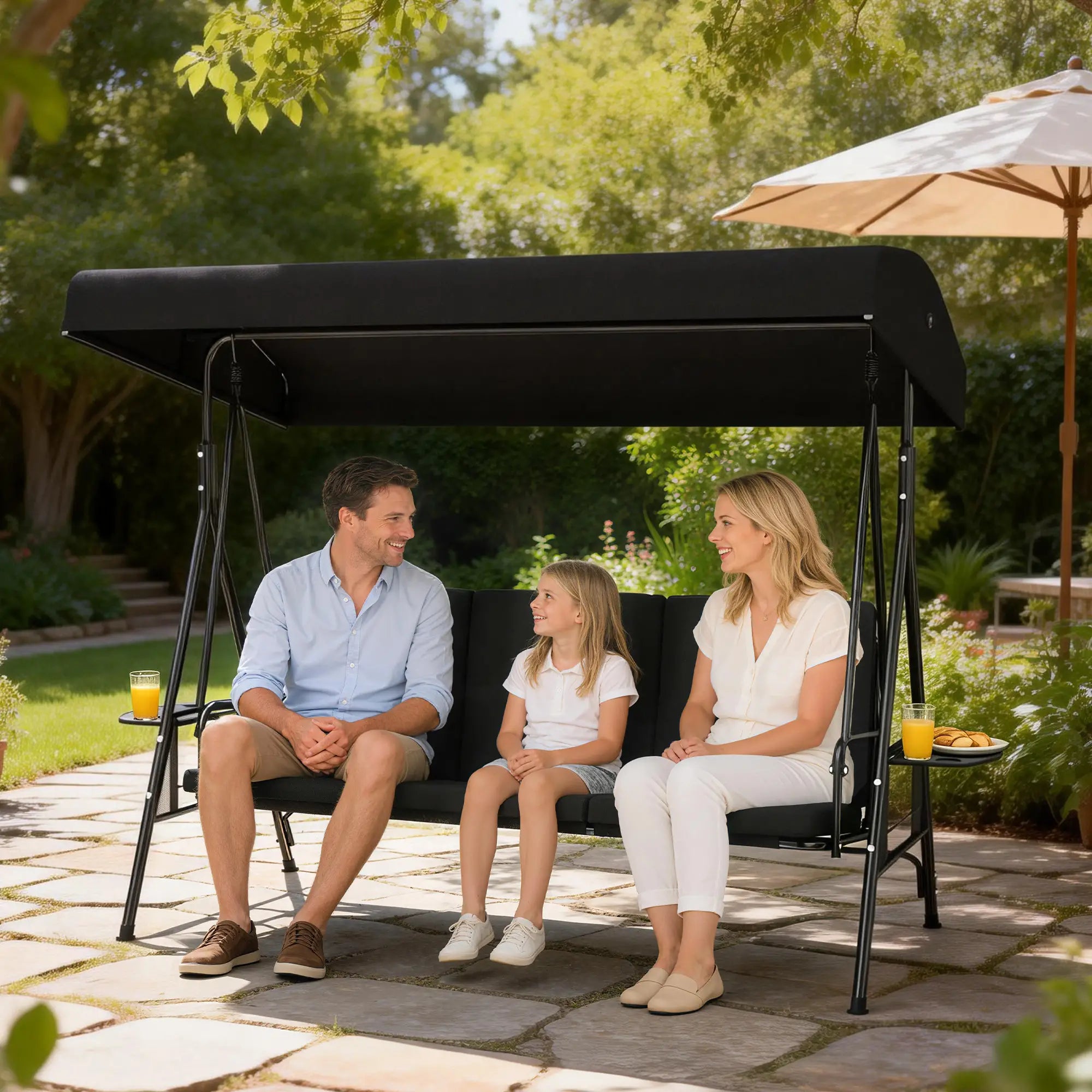 3-Seat Outdoor Swing With Adjustable Canopy, Side Tray, Black Patio Swings with Stand at Gallery Canada