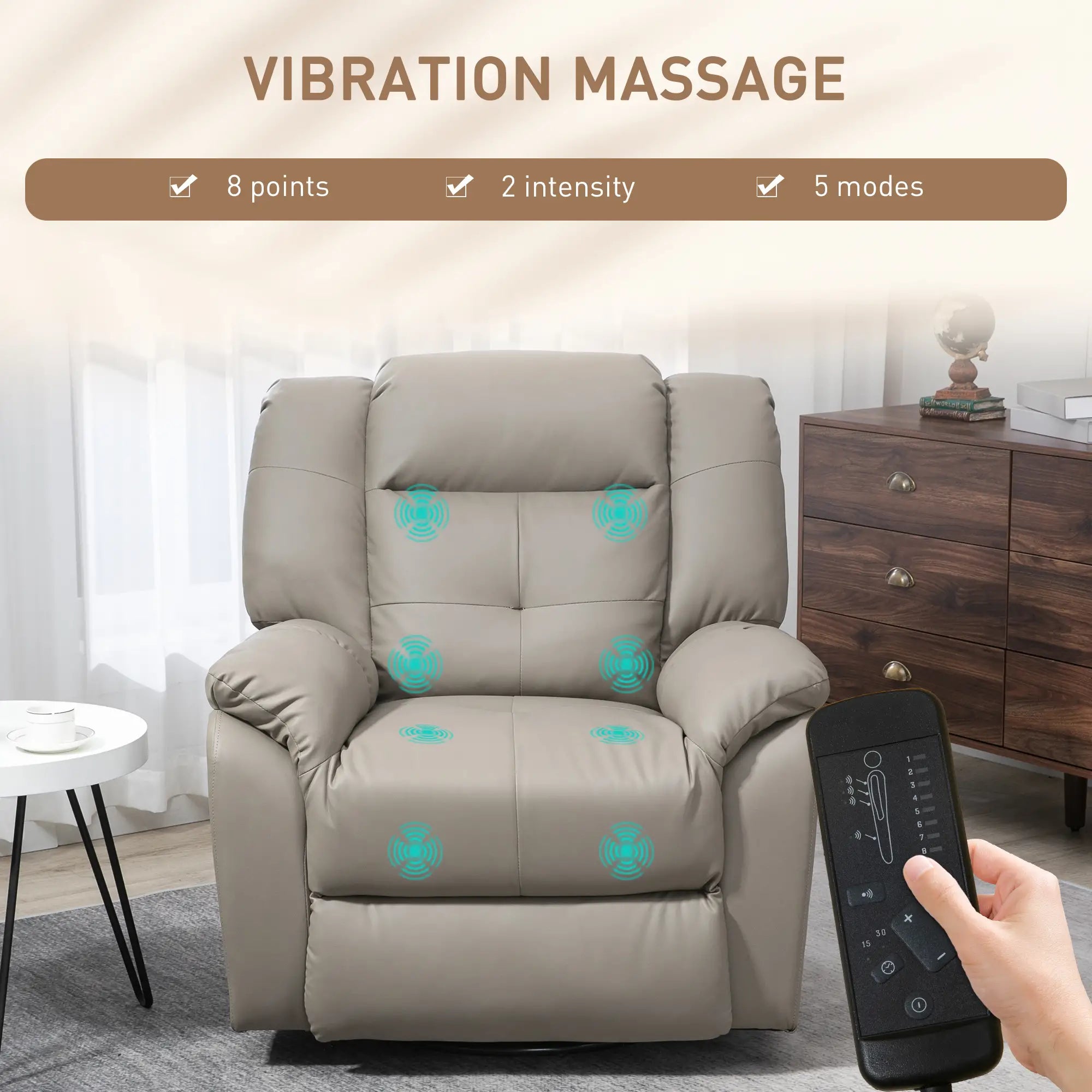 8-Point Vibration Massage Recliner, PU Leather 360° Swivel, Grey Single Sofas at Gallery Canada