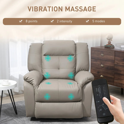 8-Point Vibration Massage Recliner, PU Leather 360° Swivel, Grey Single Sofas at Gallery Canada